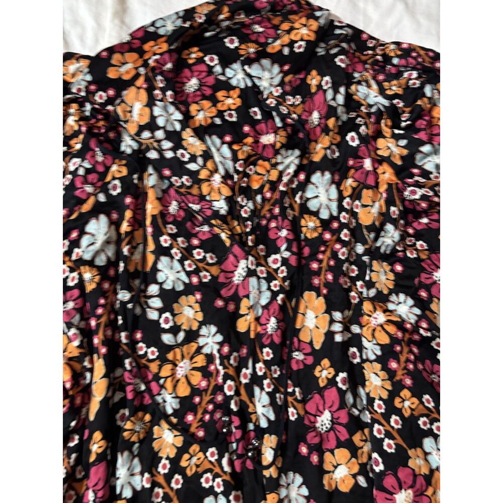 Free People Black Floral Boho Mini Dress Size Small Long Sleeve Tie Neck - Picture 3 of 8